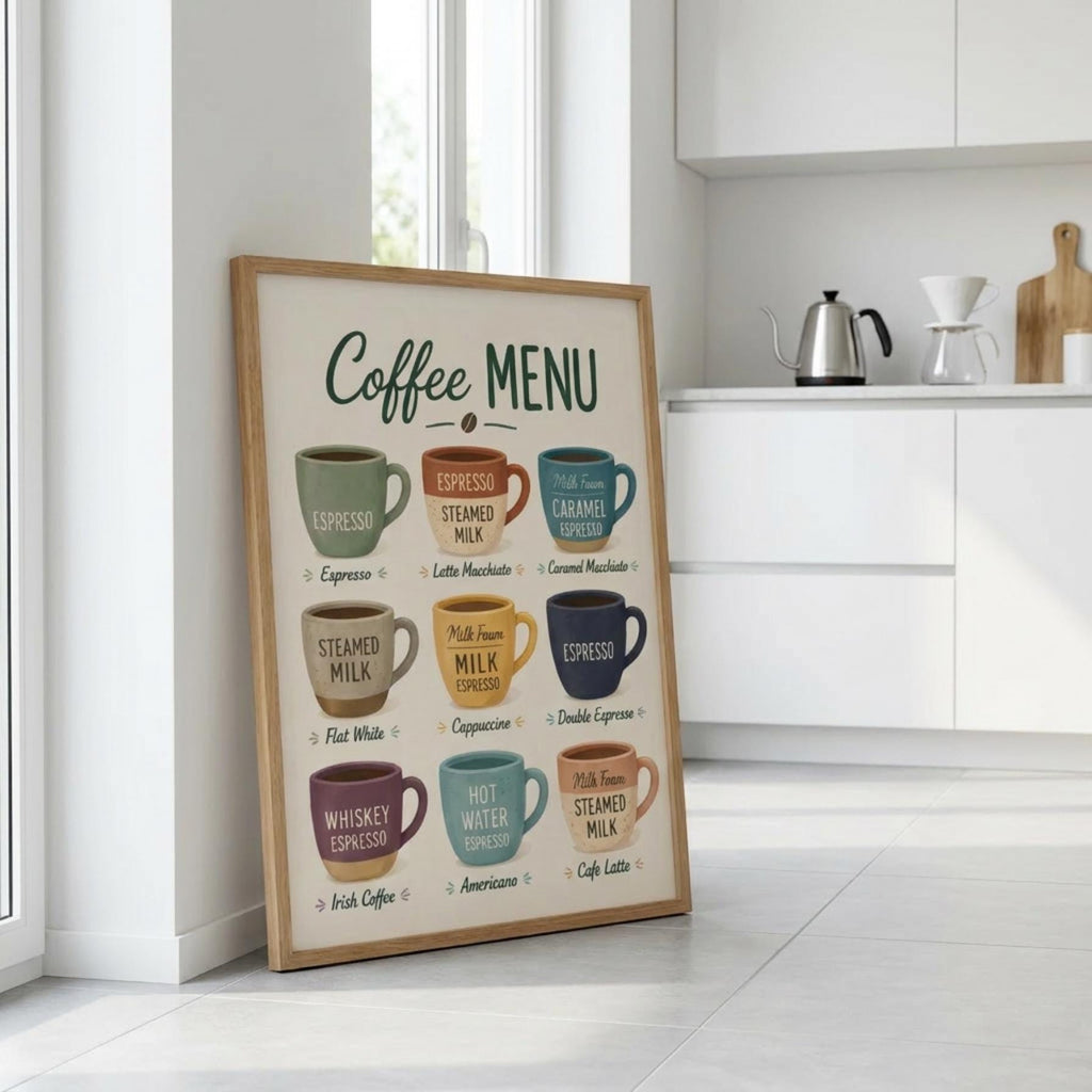 Coffee Menu Wall Art Print, Espresso Guide Poster, Kitchen Coffee Decor, Barista Chart wall art print