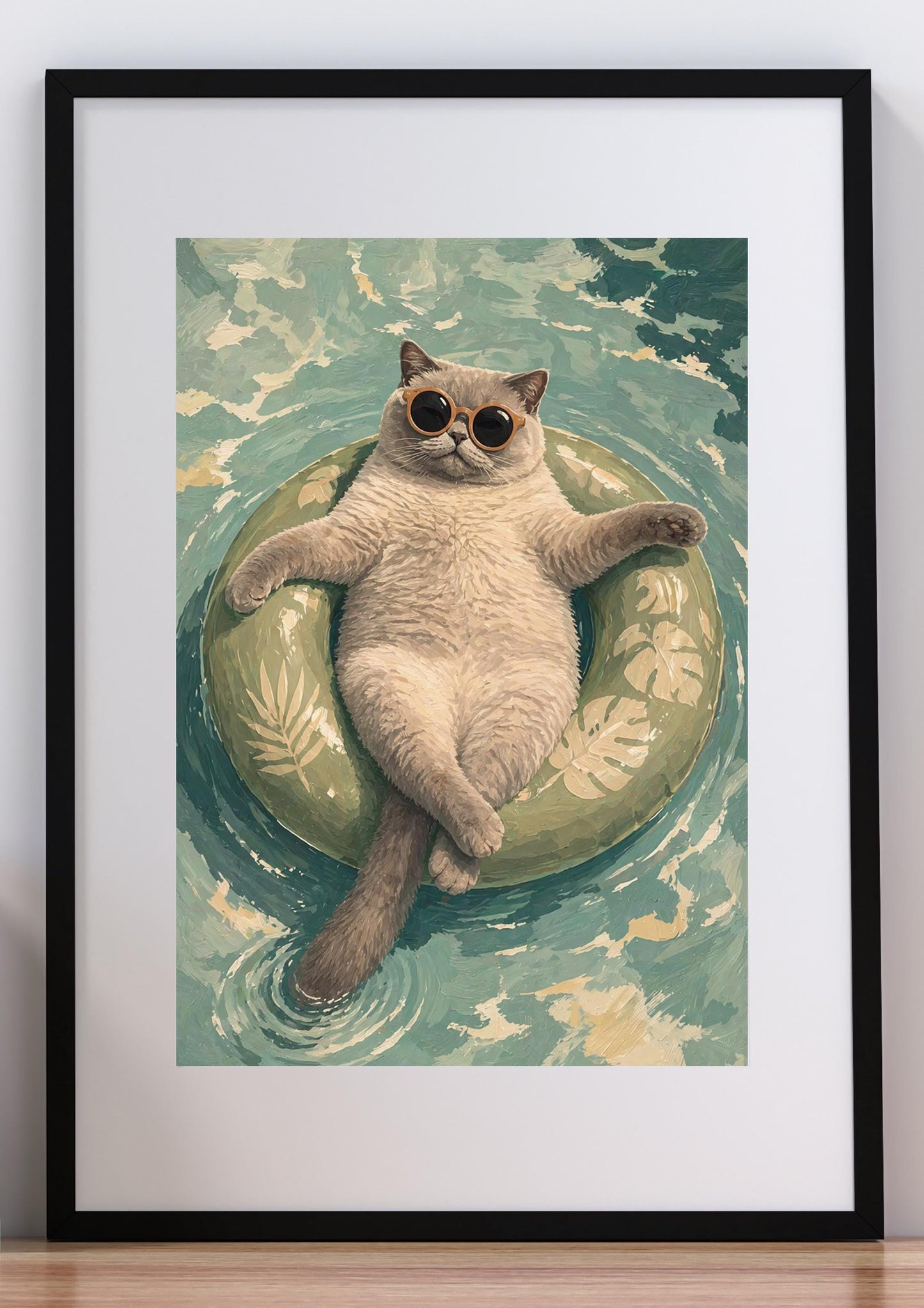 Floating Cat Art Print, Summer Pool Wall Decor, Cat with Sunglasses wall art print