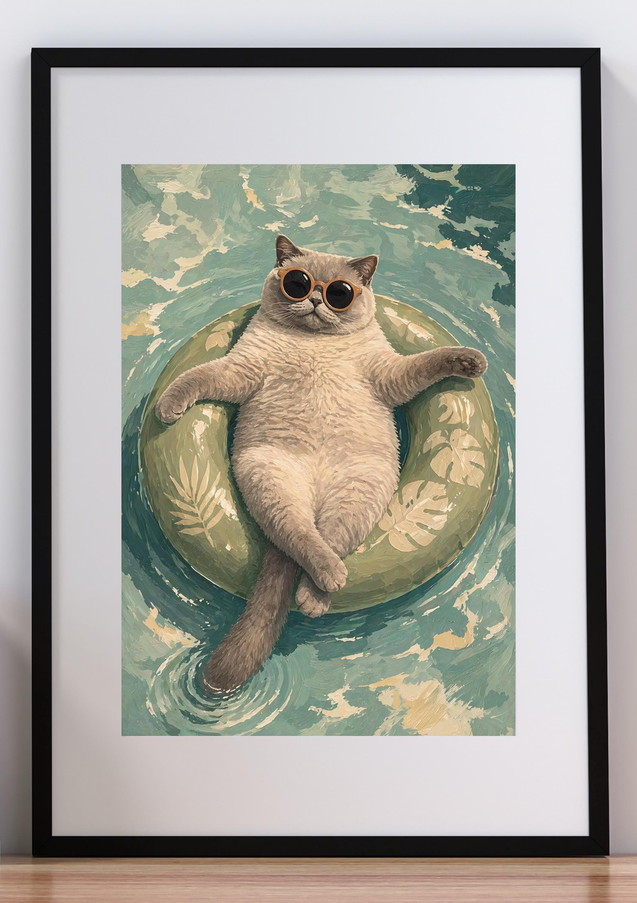 Floating Cat Art Print, Summer Pool Wall Decor, Cat with Sunglasses wall art print