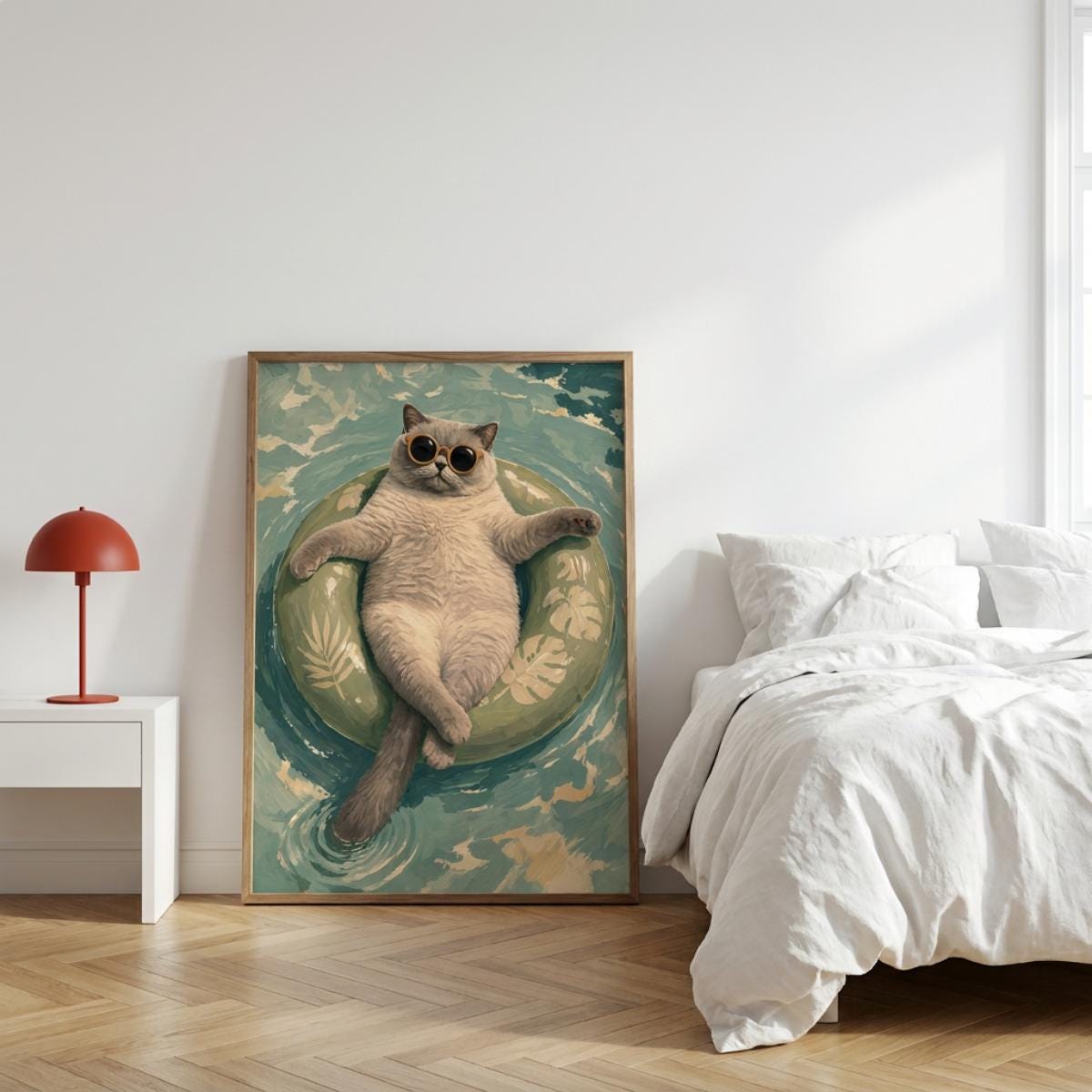 Floating Cat Art Print, Summer Pool Wall Decor, Cat with Sunglasses wall art print