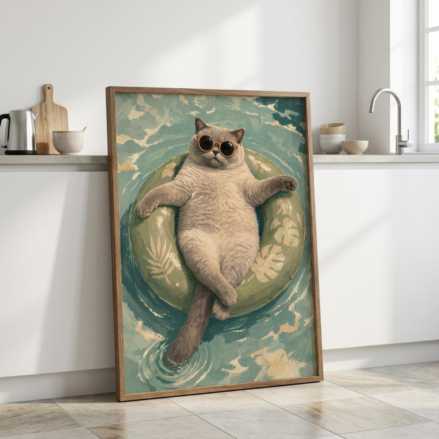Floating Cat Art Print, Summer Pool Wall Decor, Cat with Sunglasses wall art print