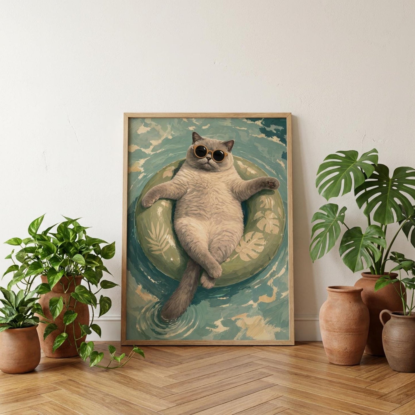 Floating Cat Art Print, Summer Pool Wall Decor, Cat with Sunglasses wall art print