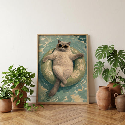 Floating Cat Art Print, Summer Pool Wall Decor, Cat with Sunglasses wall art print