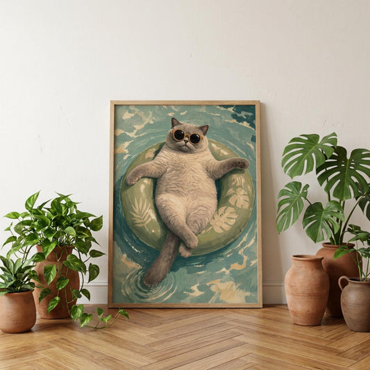 Floating Cat Art Print, Summer Pool Wall Decor, Cat with Sunglasses wall art print