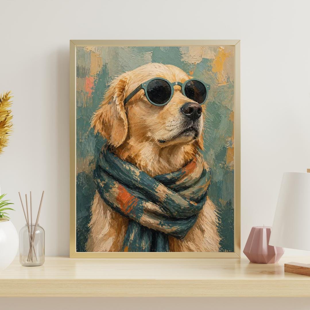 Golden Retriever Wall Art, Dog Portrait Print, Stylish Dog Poster with Sunglasses wall art print