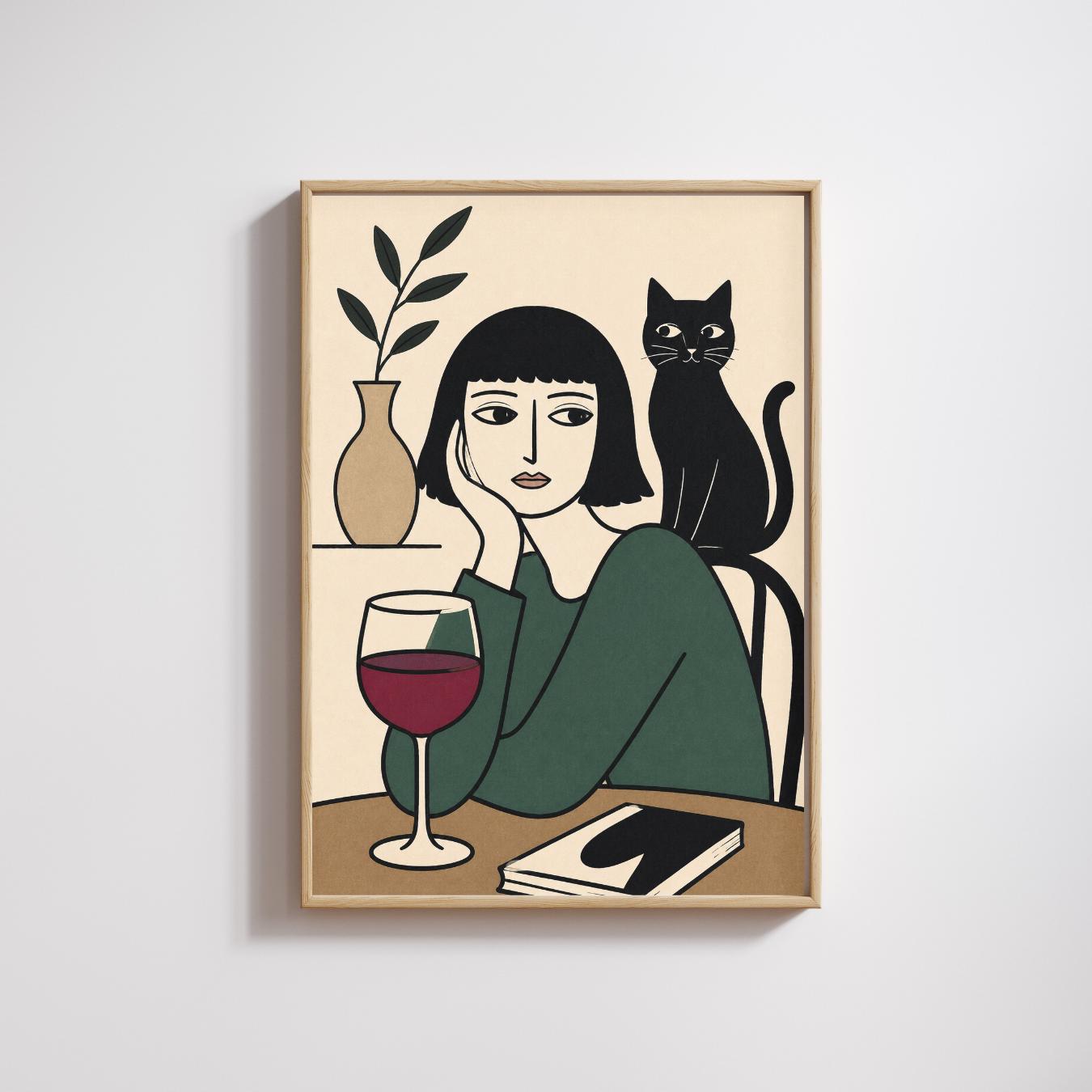 Black Cat Wine Poster, Minimalist Woman Wall Art, Modern Line Art Print wall art print