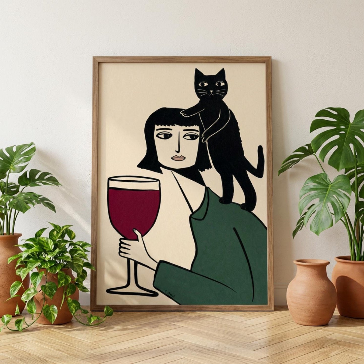 Black Cat Wine Poster, Minimalist Line Print, Woman with Cat Wall Art wall art print