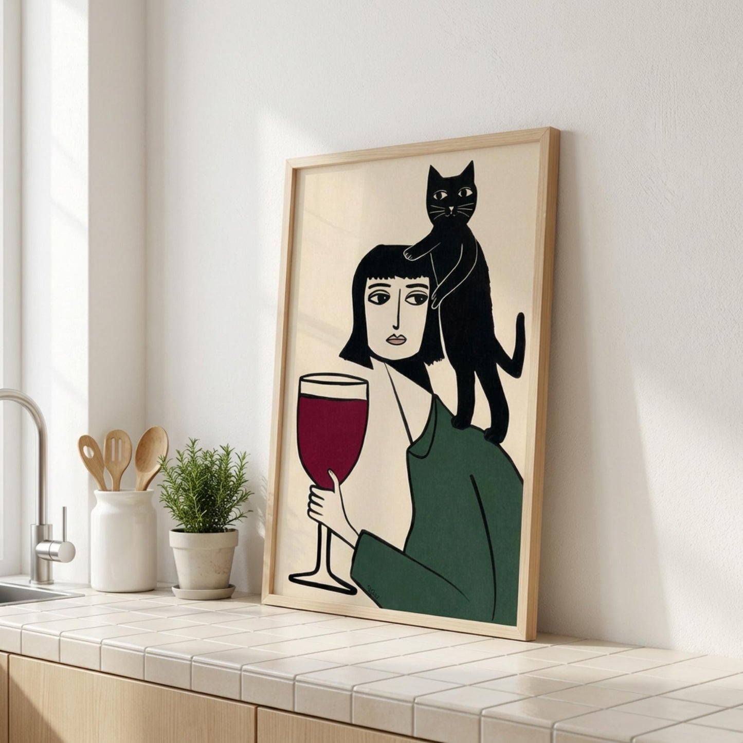 Black Cat Wine Poster, Minimalist Line Print, Woman with Cat Wall Art wall art print