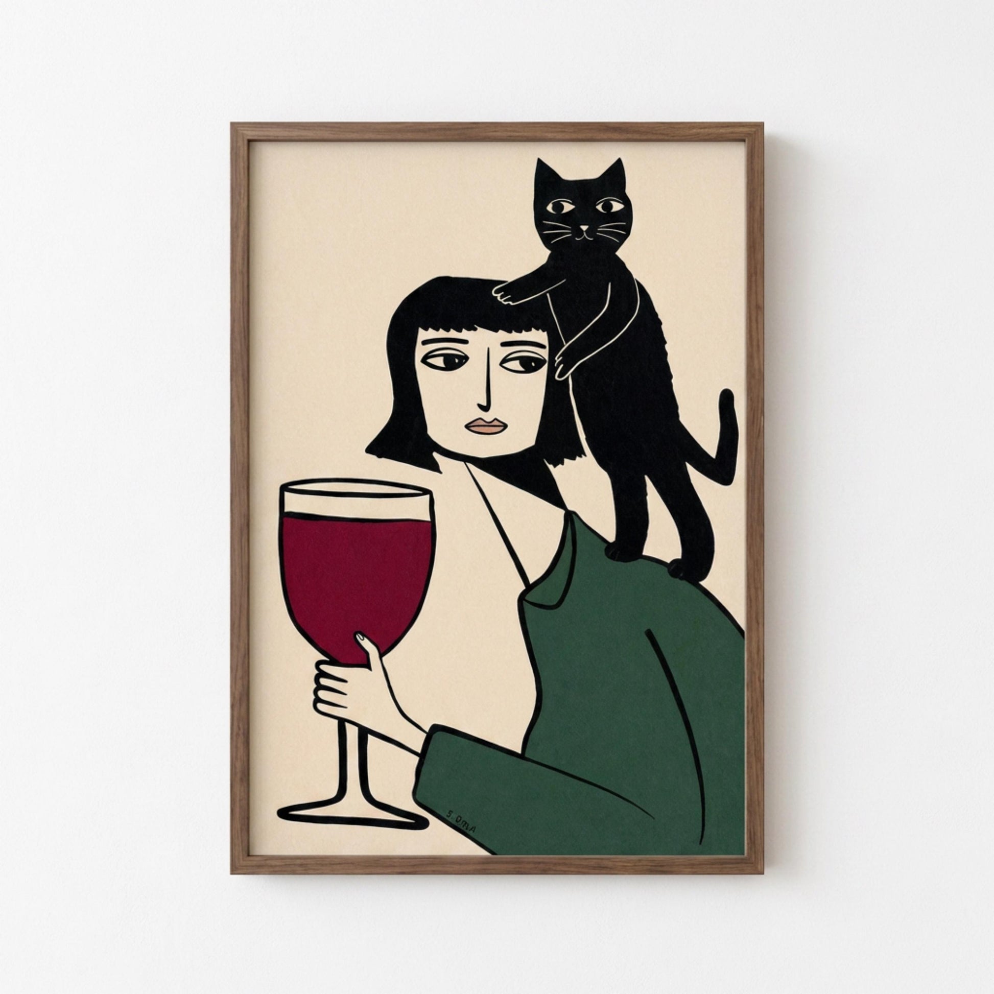 Black Cat Wine Poster, Minimalist Line Print, Woman with Cat Wall Art wall art print
