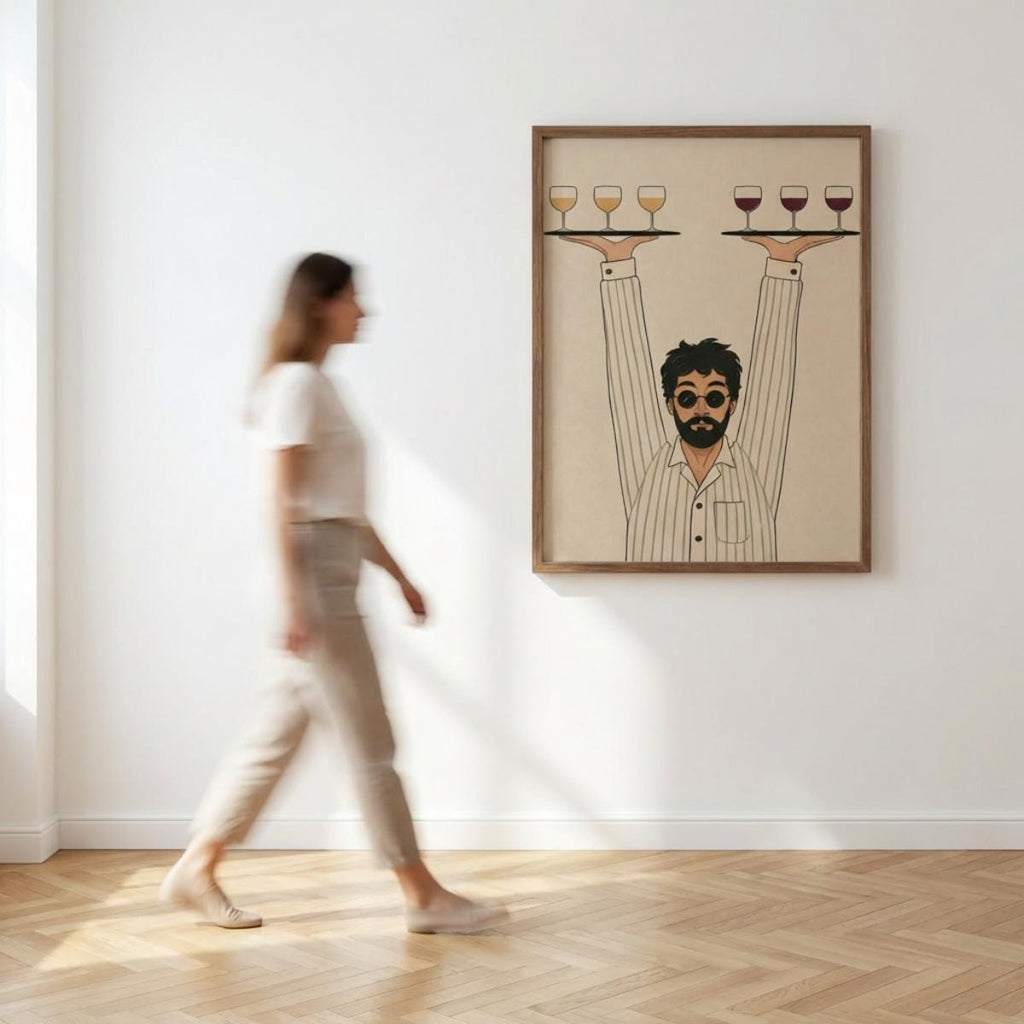 Retro Waiter, Minimalist Line Art Poster, Retro Wine Illustration wall art print