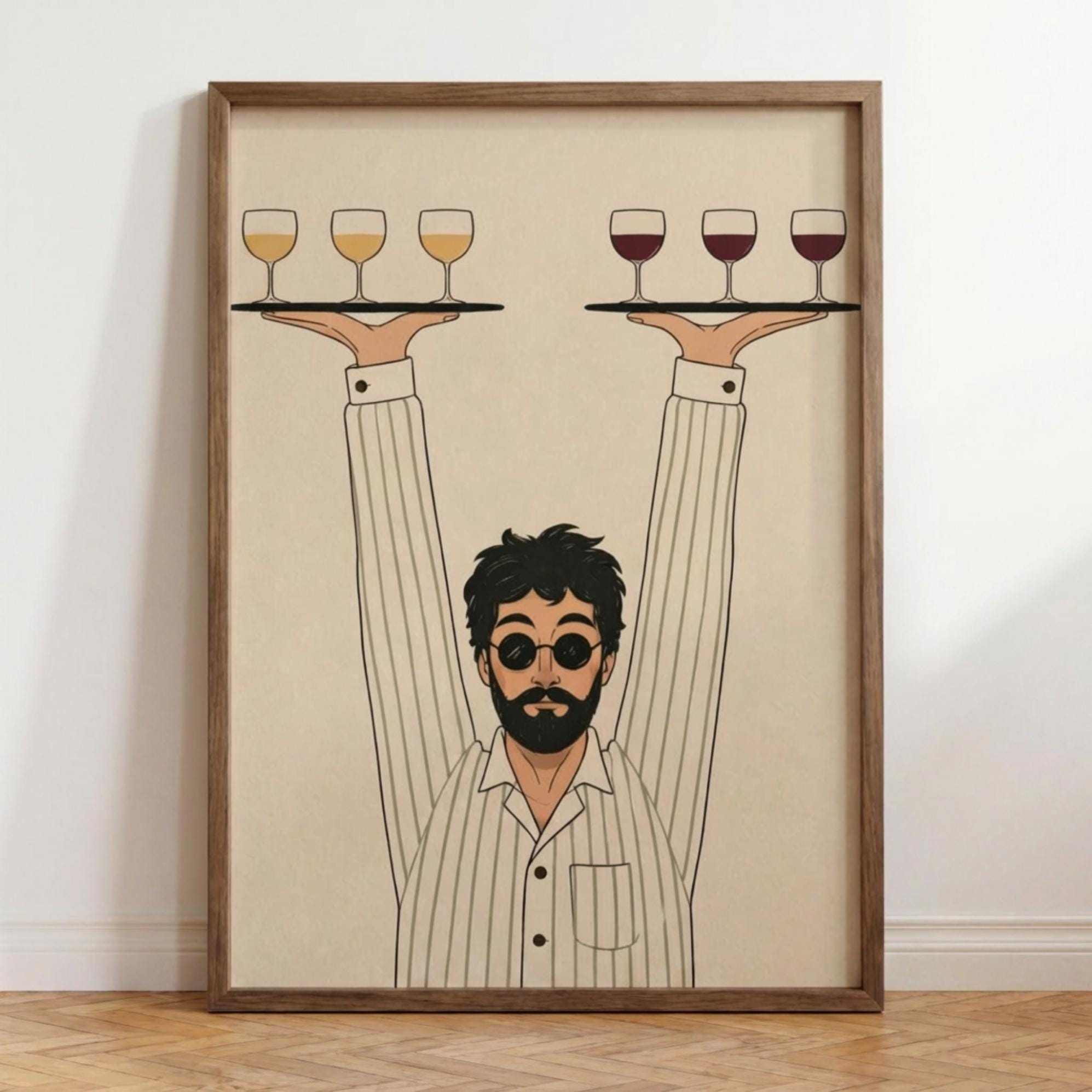 Retro Waiter, Minimalist Line Art Poster, Retro Wine Illustration wall art print