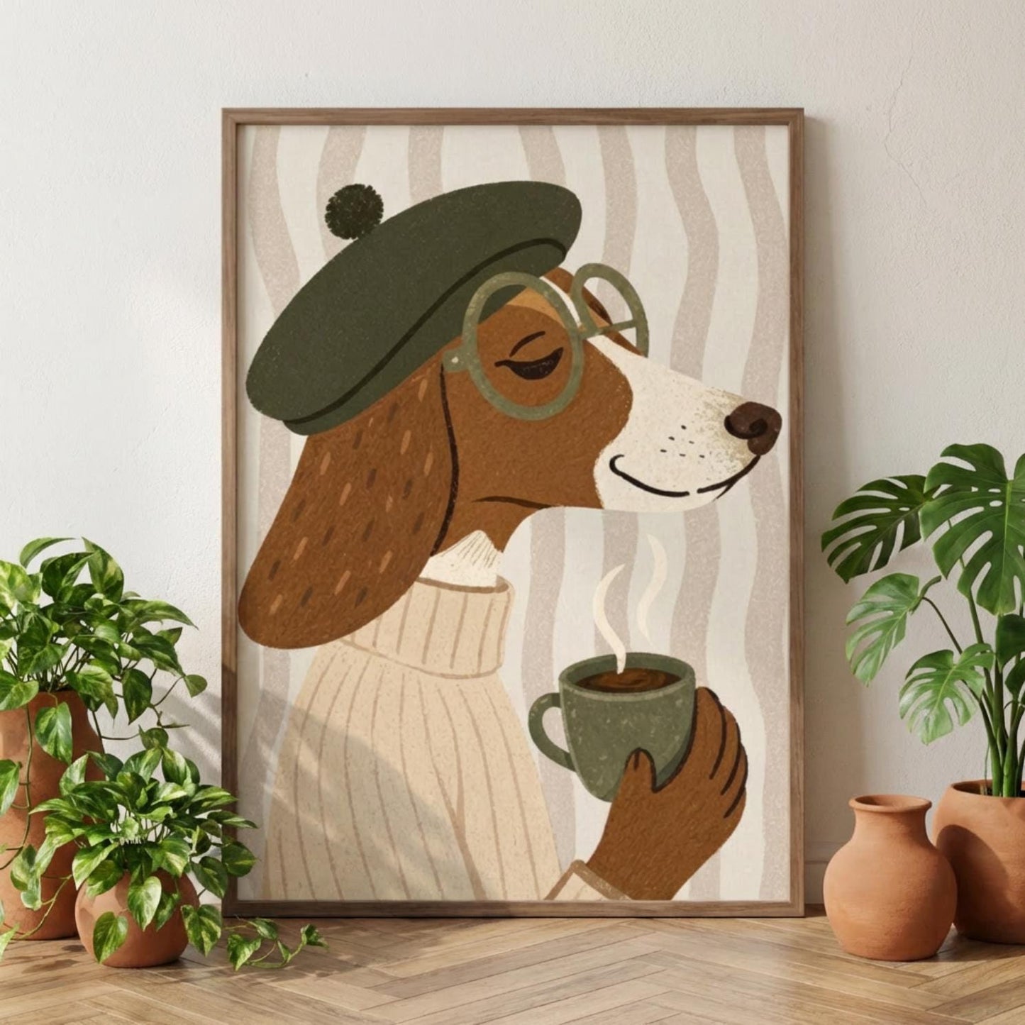 Dachshund Wall Art, Cozy Dog Print, Sausage Dog Poster, Coffee Illustration wall art print