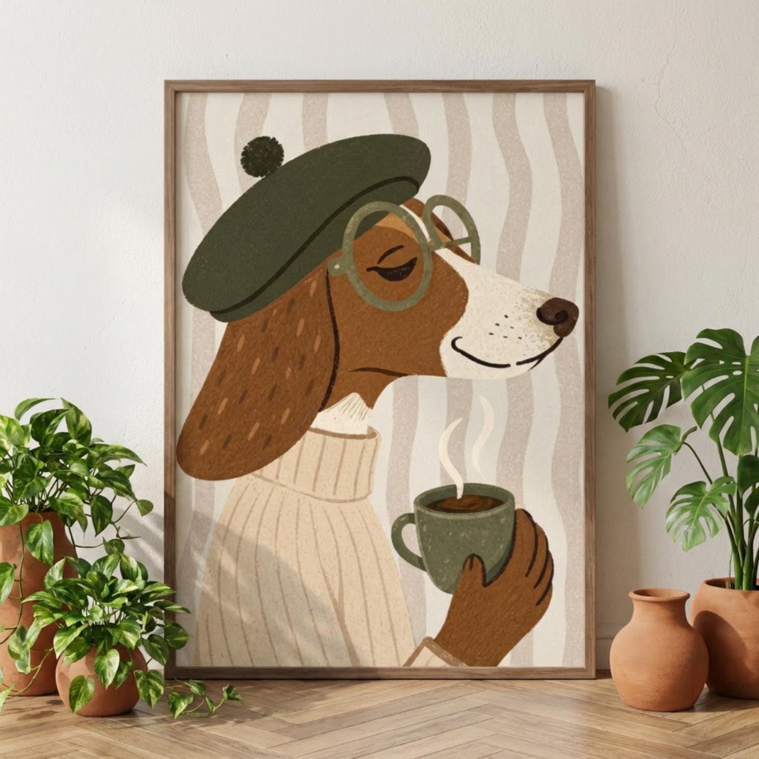 Dachshund Wall Art, Cozy Dog Print, Sausage Dog Poster, Coffee Illustration wall art print