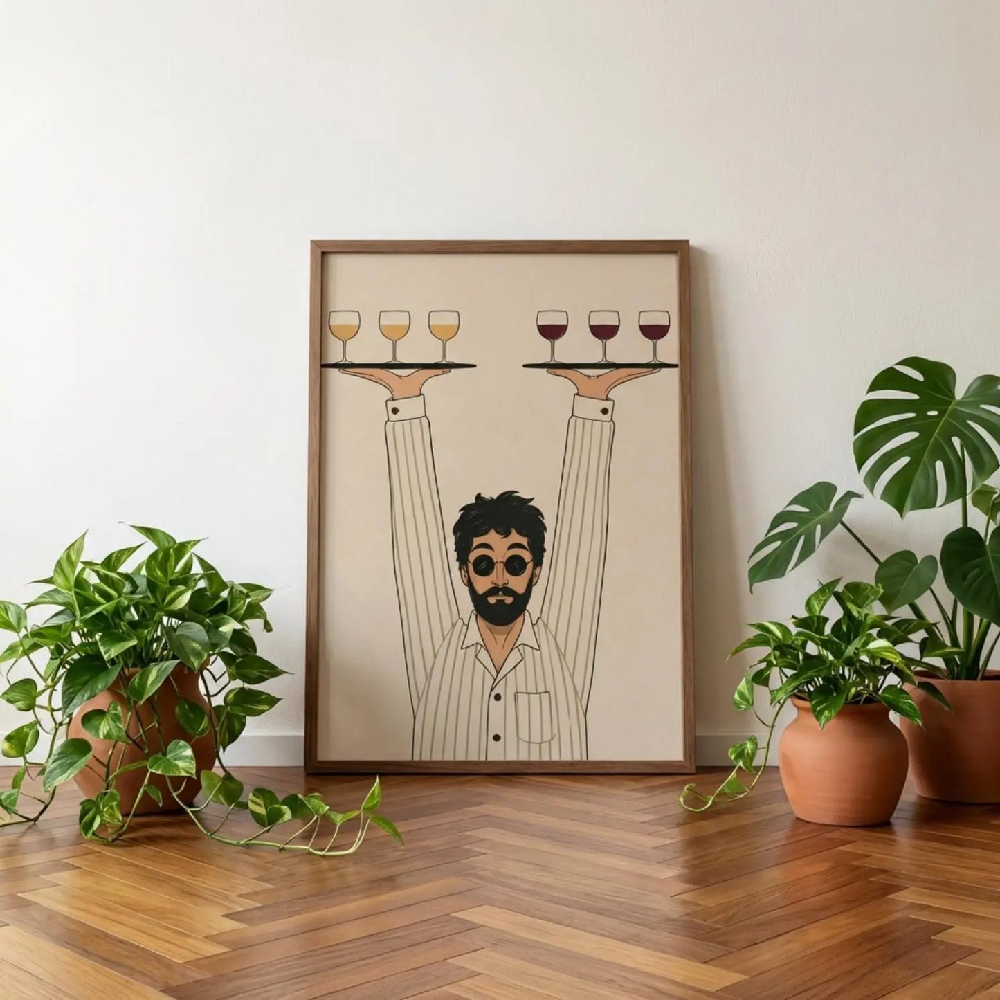 Retro Waiter, Minimalist Line Art Poster, Retro Wine Illustration wall art print
