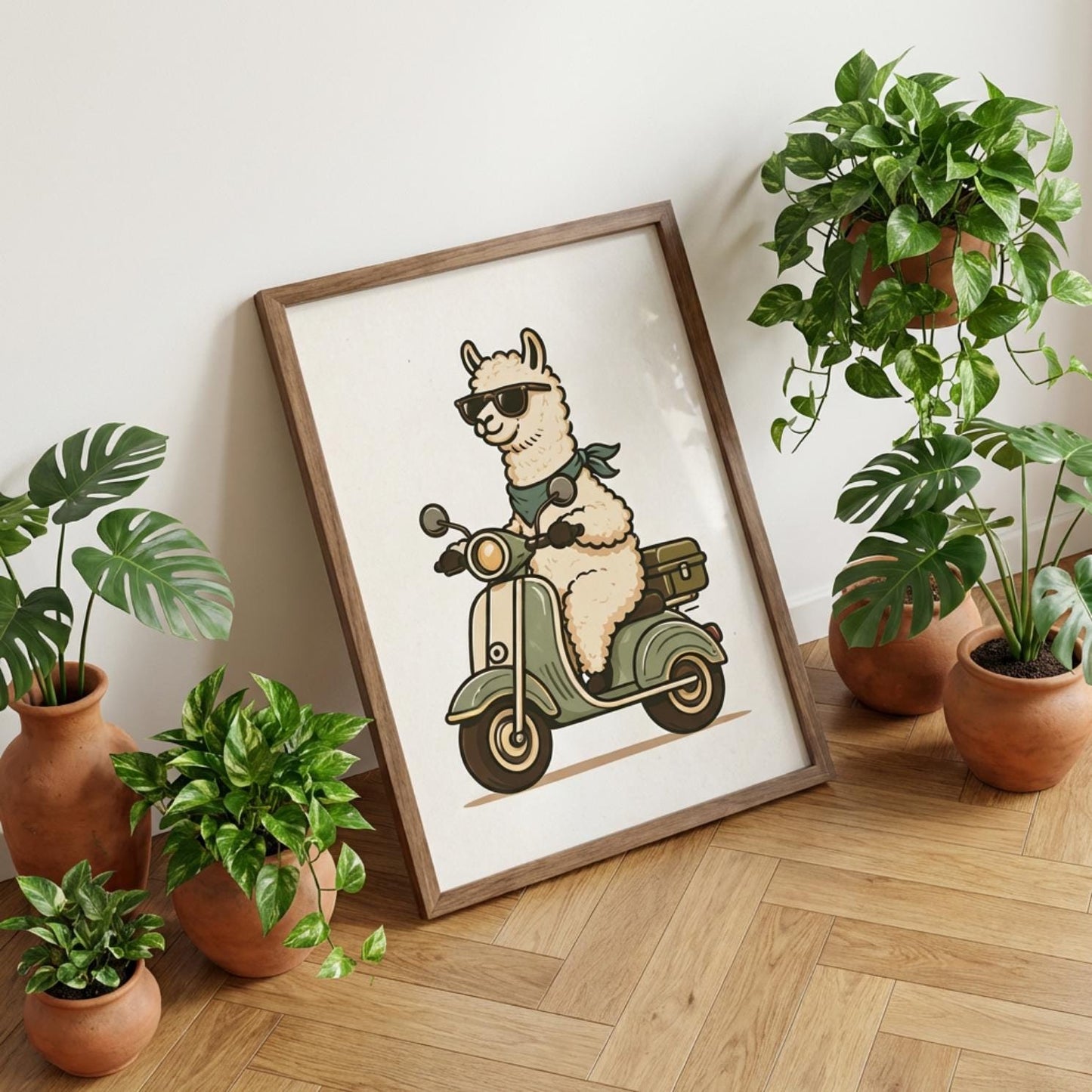 Llama Wall Art, Alpaca Scooter Poster, Animal Print, Retro Scooter Decor wall art print