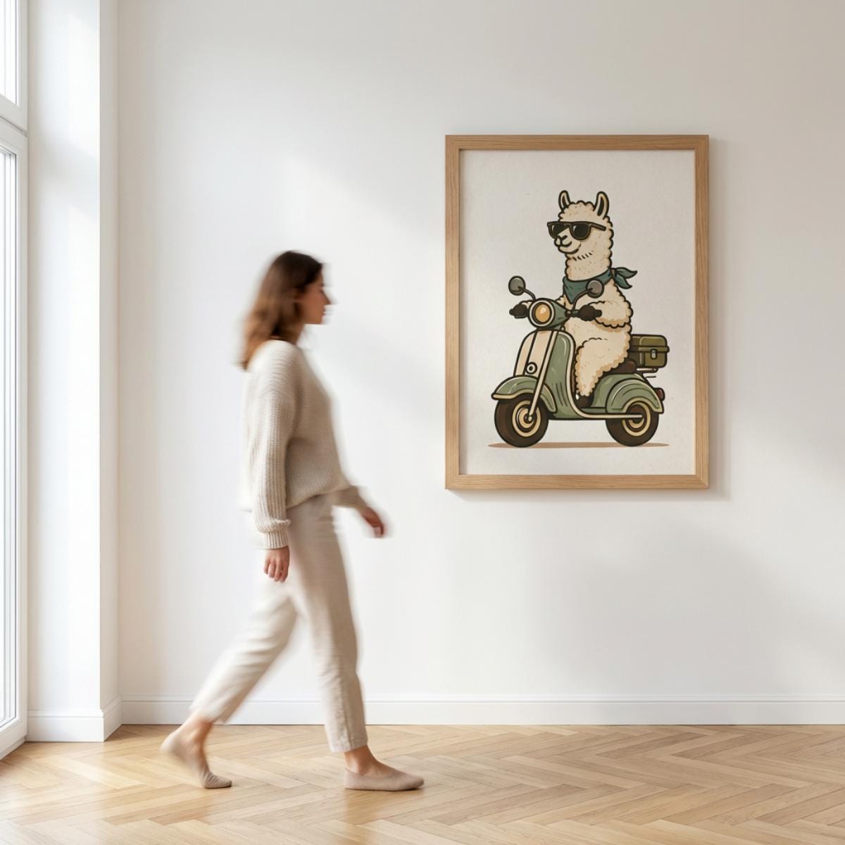 Llama Wall Art, Alpaca Scooter Poster, Animal Print, Retro Scooter Decor wall art print