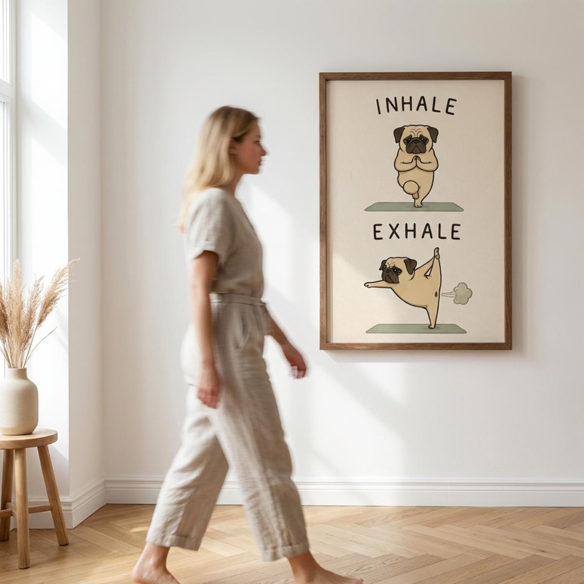 Pug Yoga Poster, Inhale Exhale Wall Art, Yoga Humor, Sizes A5-AO wall art print