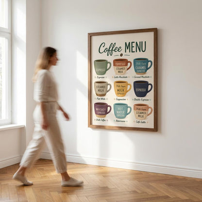 Coffee Menu Wall Art Print, Espresso Guide Poster, Kitchen Coffee Decor, Barista Chart wall art print