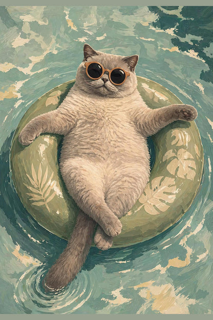 Floating Cat Art Print, Summer Pool Wall Decor, Cat with Sunglasses wall art print