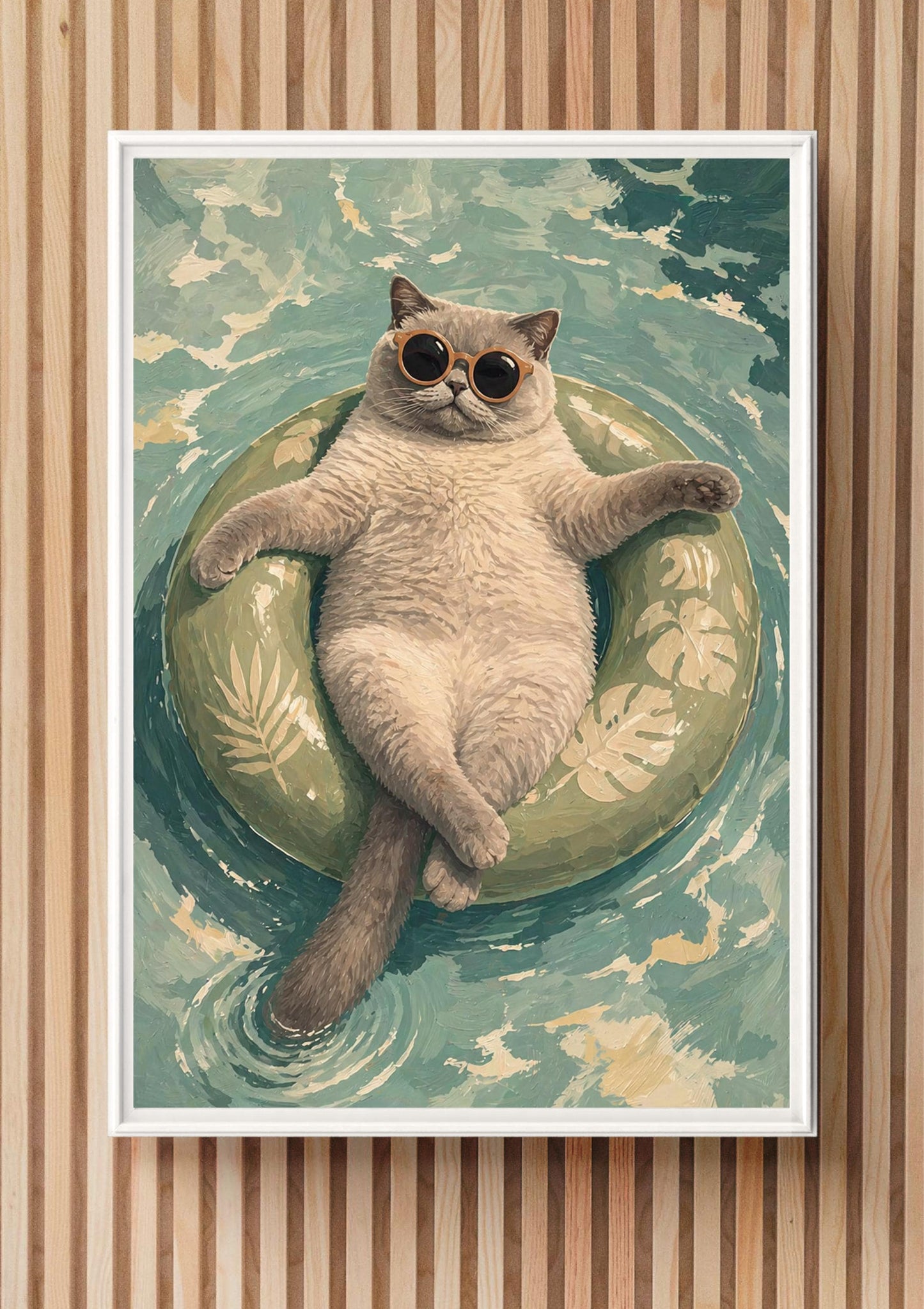 Floating Cat Art Print, Summer Pool Wall Decor, Cat with Sunglasses wall art print