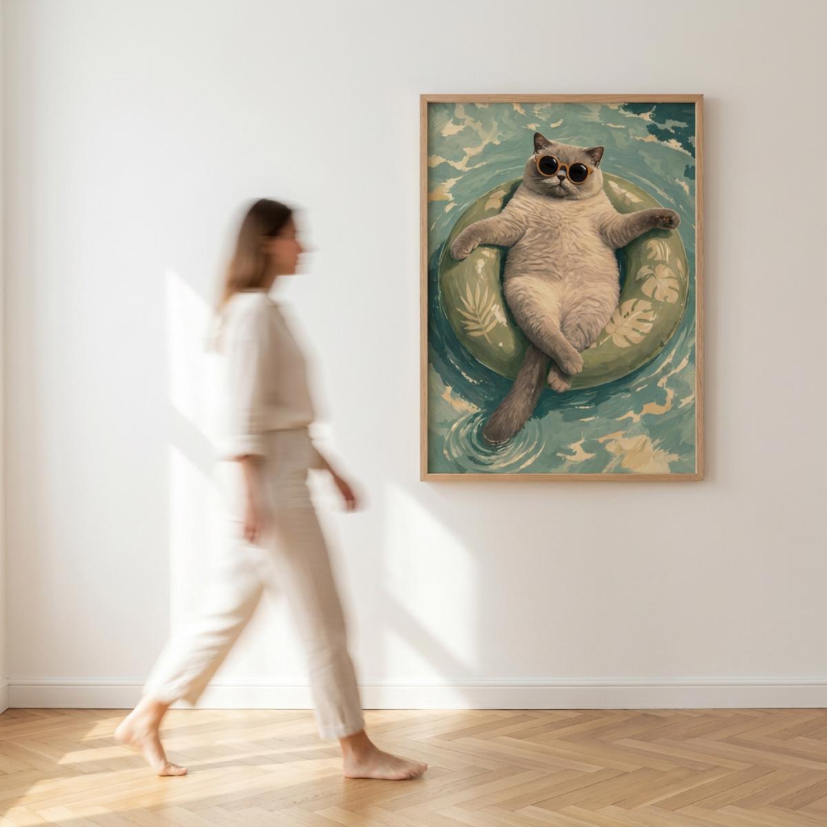 Floating Cat Art Print, Summer Pool Wall Decor, Cat with Sunglasses wall art print
