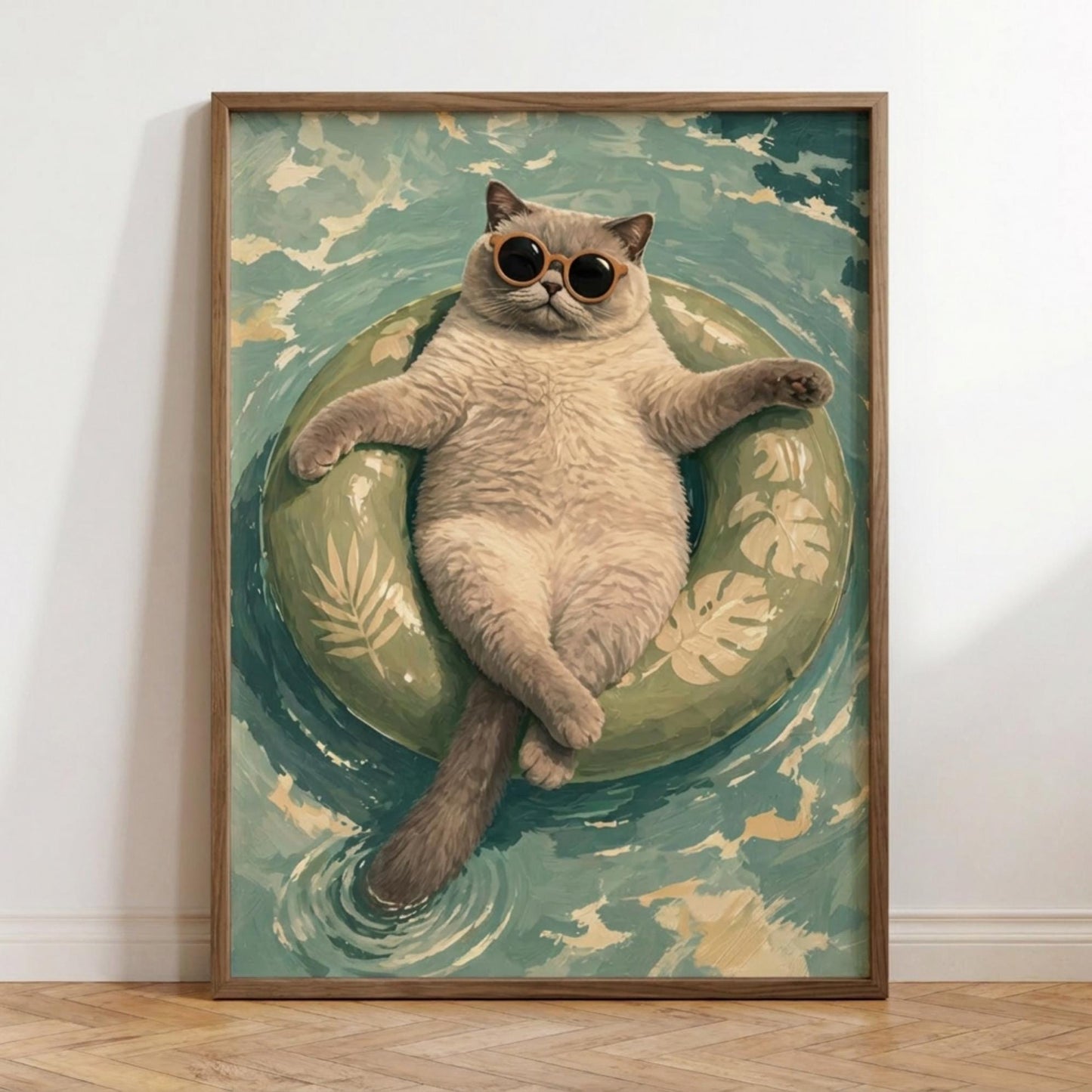 Floating Cat Art Print, Summer Pool Wall Decor, Cat with Sunglasses wall art print