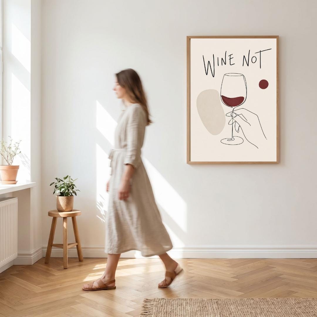 Wine Not Wall Art Print, Minimalist Poster, Kitchen Bar Decor, Modern Line Art wall art print