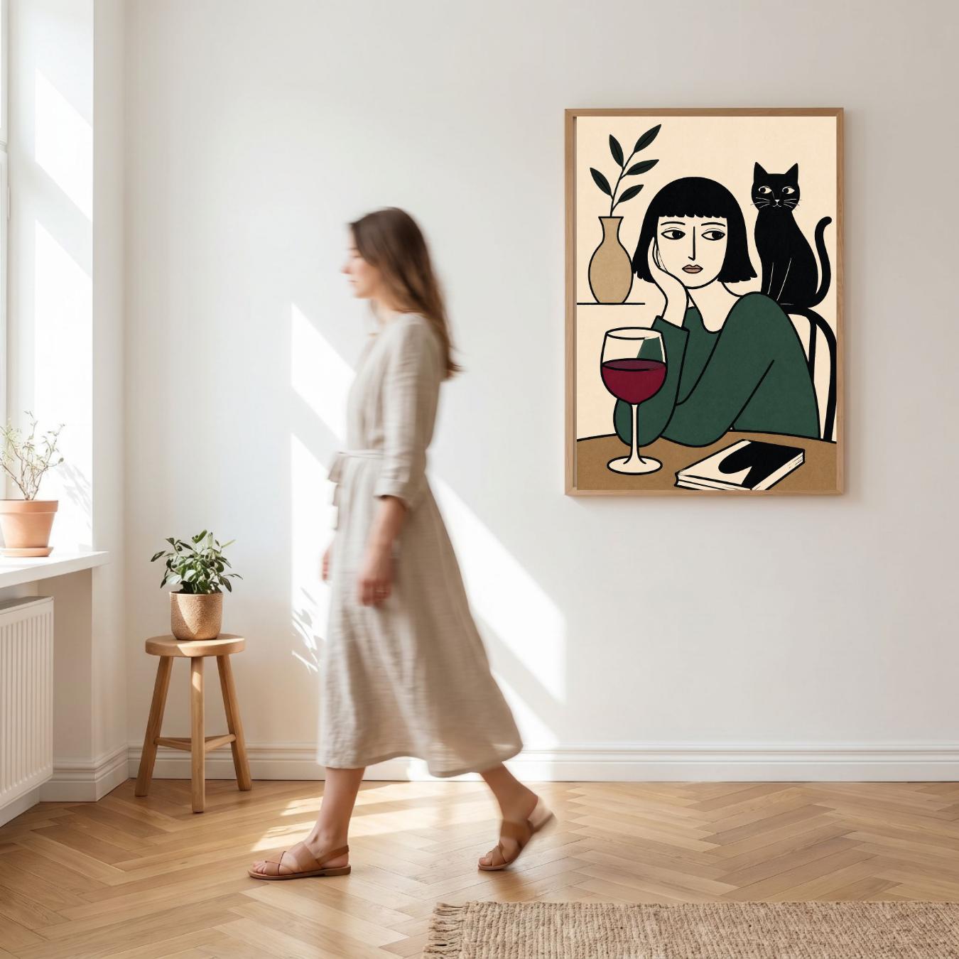 Black Cat Wine Poster, Minimalist Woman Wall Art, Modern Line Art Print wall art print