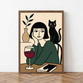 Black Cat Wine Poster, Minimalist Woman Wall Art, Modern Line Art Print wall art print