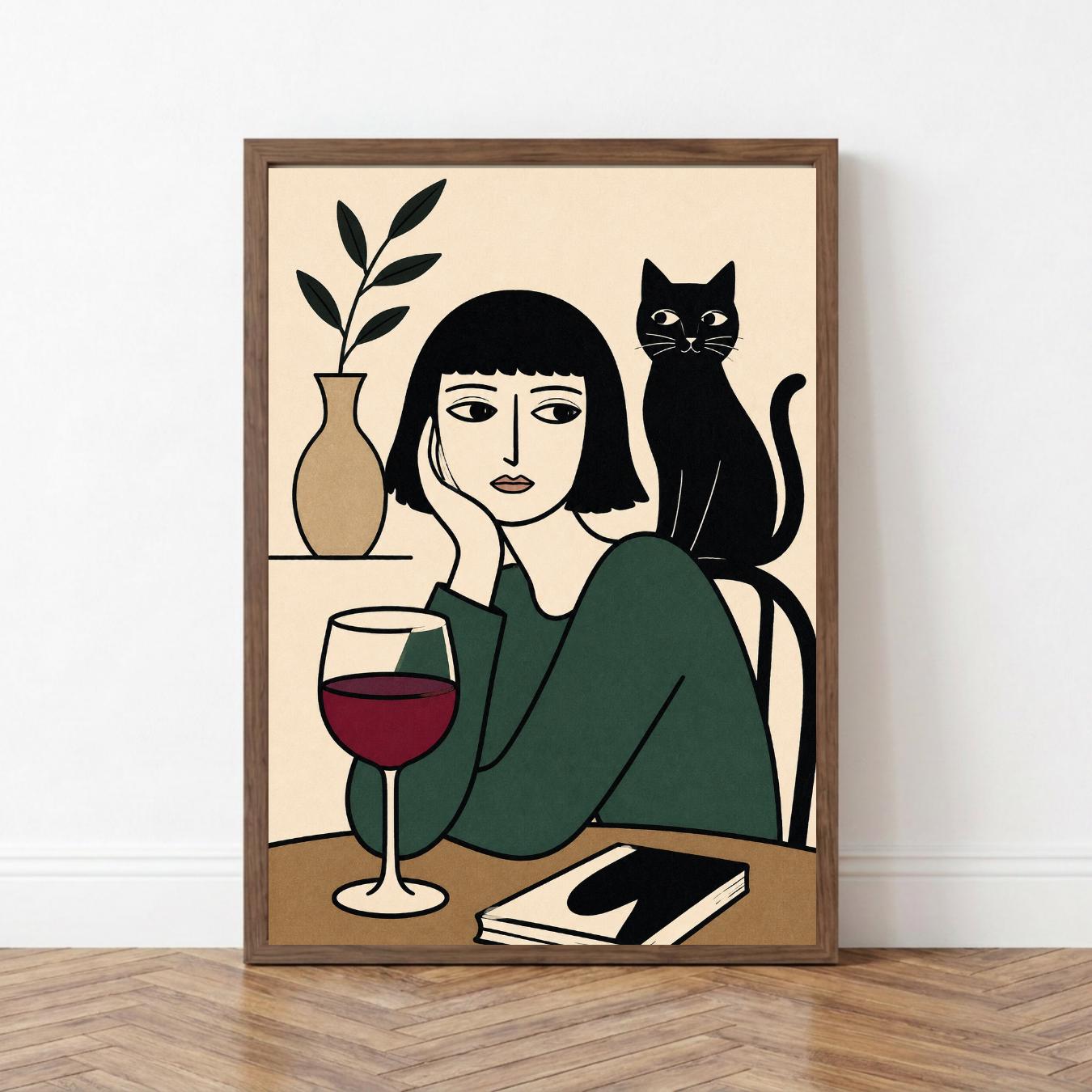 Black Cat Wine Poster, Minimalist Woman Wall Art, Modern Line Art Print wall art print