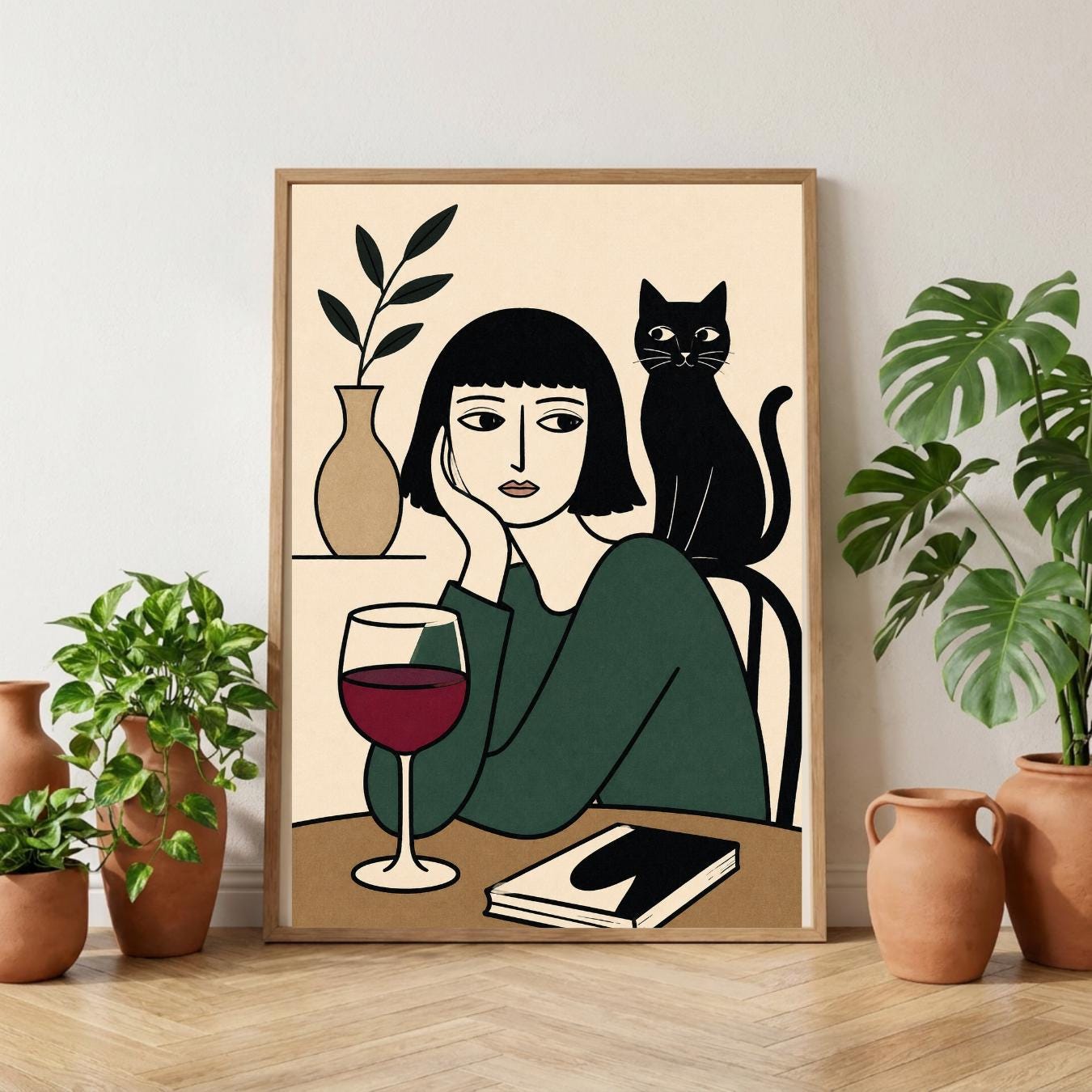 Black Cat Wine Poster, Minimalist Woman Wall Art, Modern Line Art Print wall art print
