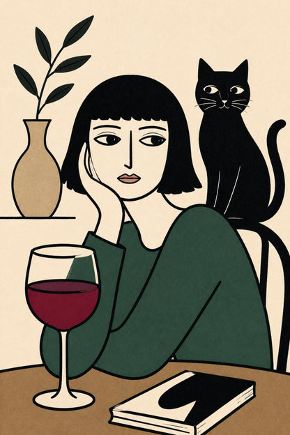 Black Cat Wine Poster, Minimalist Woman Wall Art, Modern Line Art Print wall art print