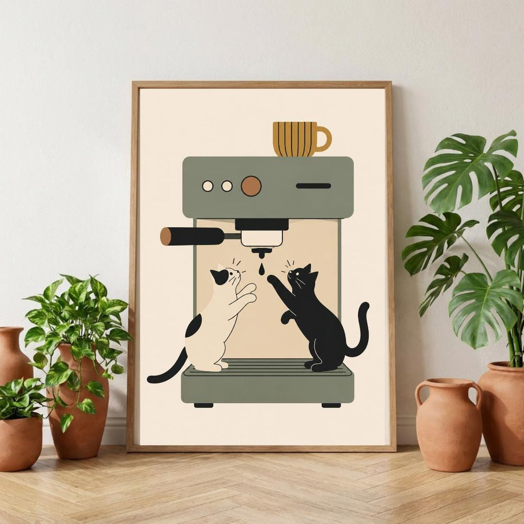 Coffee Cat Wall Art Print, Espresso Machine Cat Poster, Kitchen Decor wall art print