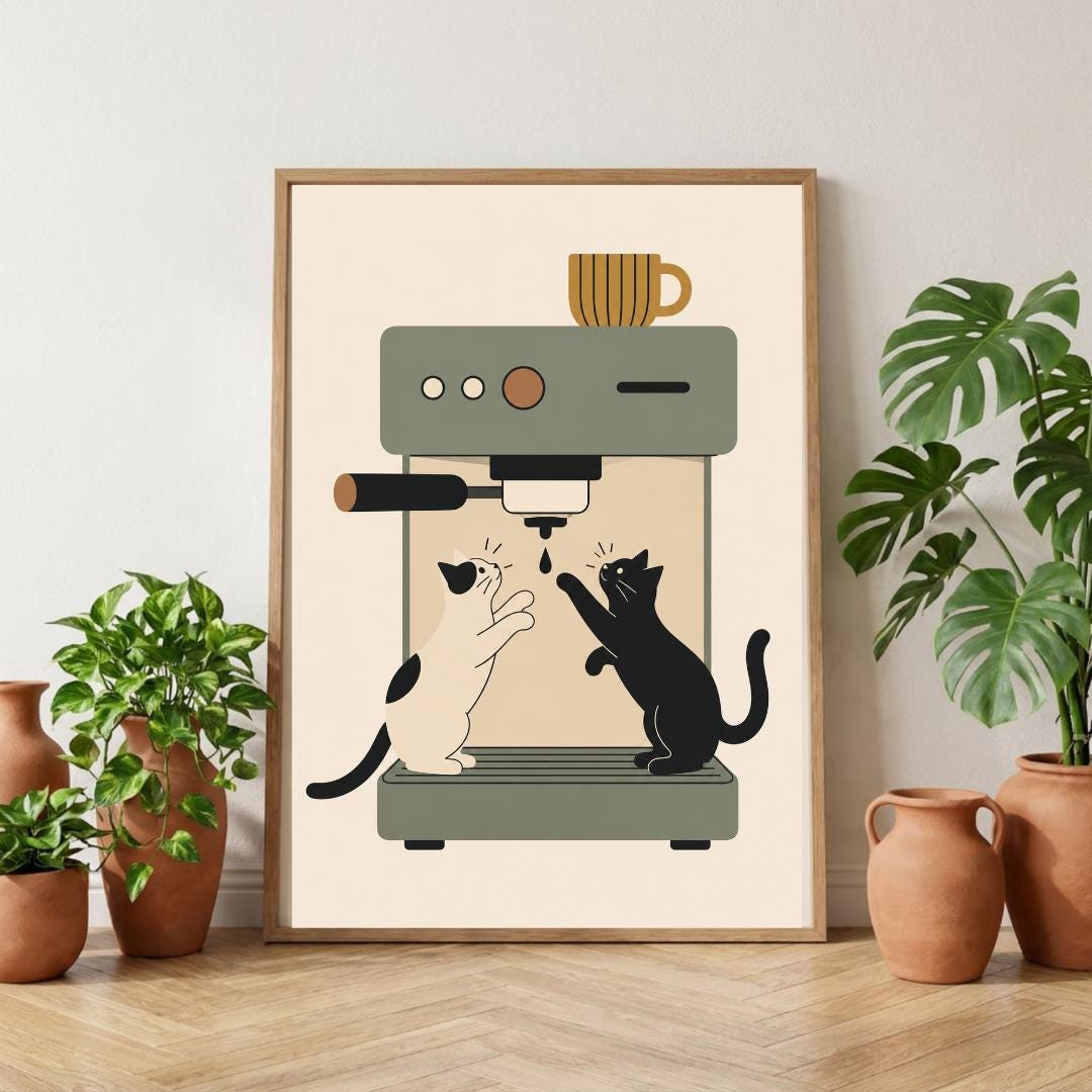 Coffee Cat Wall Art Print, Espresso Machine Cat Poster, Kitchen Decor wall art print
