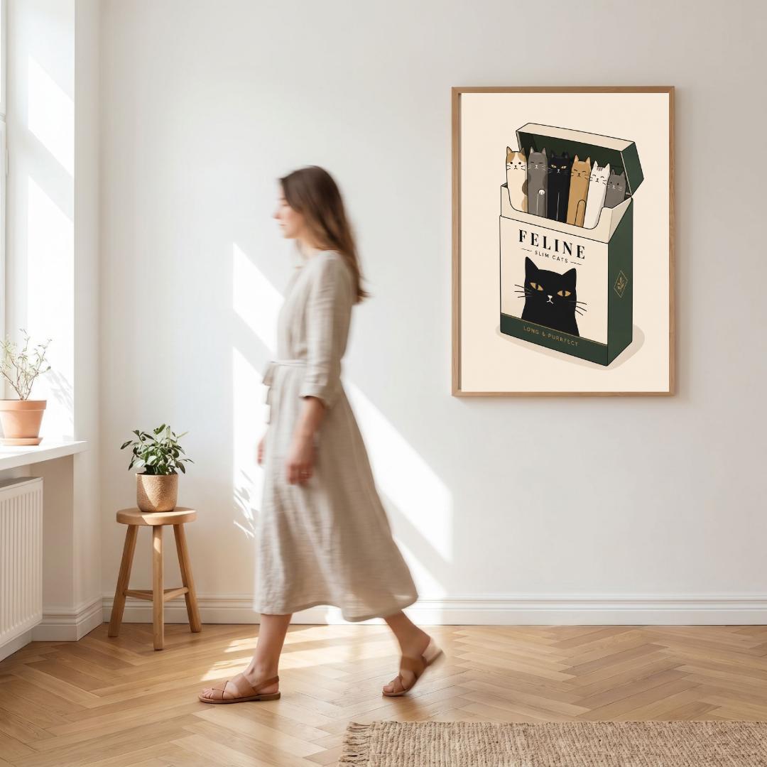Cat Wall Art Print, Cat Cigarette Box Poster, Quirky Pet Decor wall art print