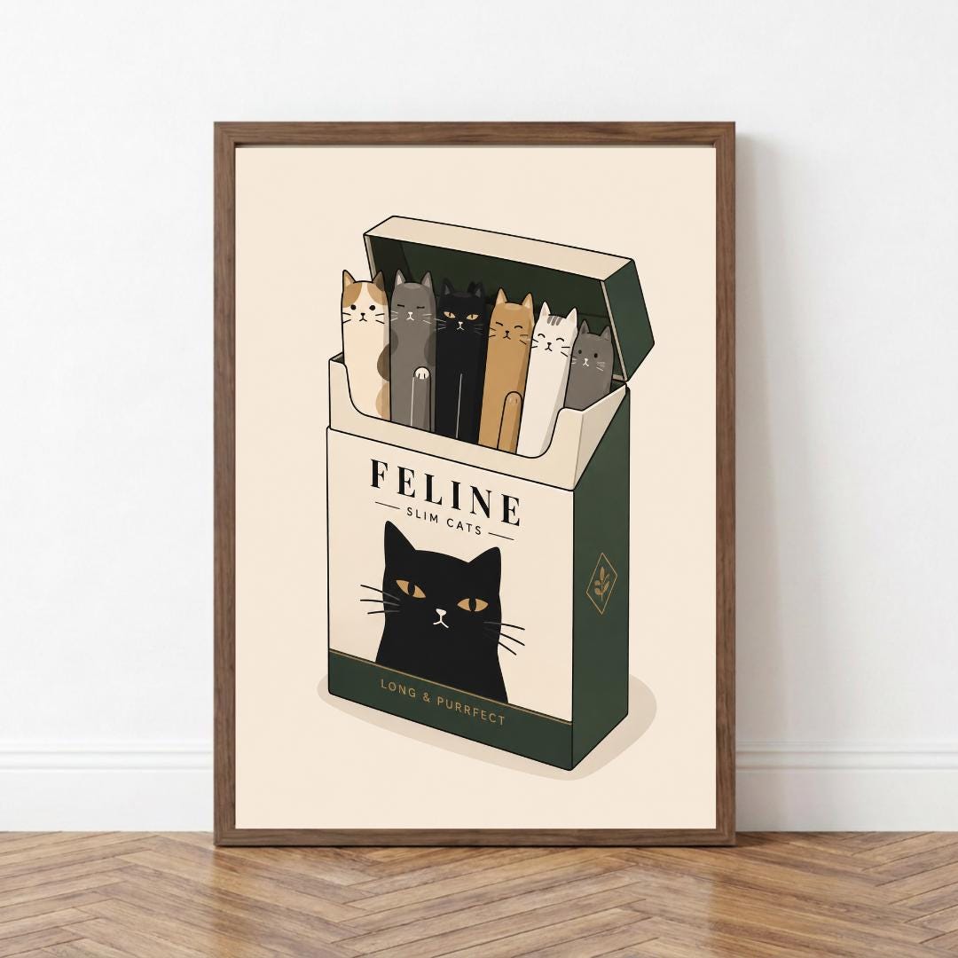 Cat Wall Art Print, Cat Cigarette Box Poster, Quirky Pet Decor wall art print