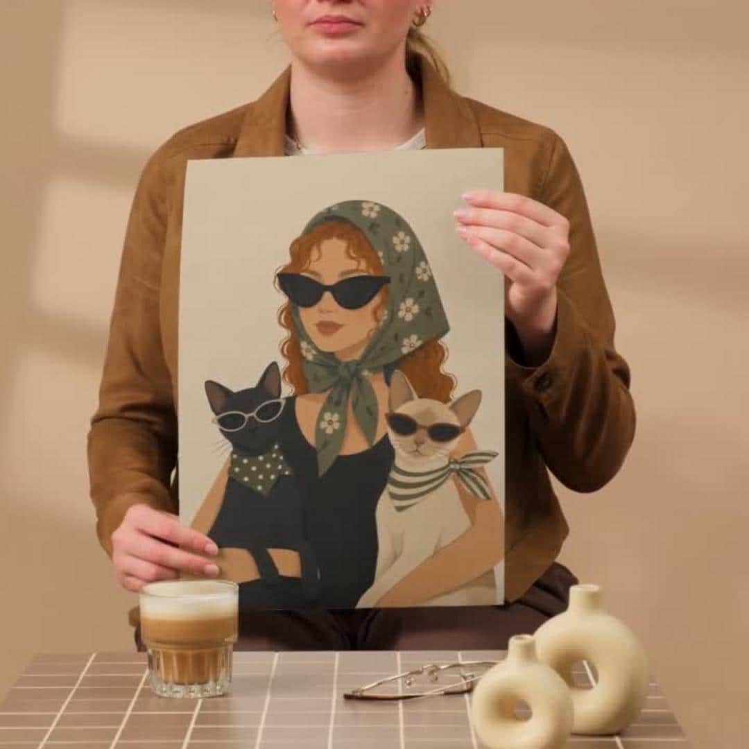 Fashion Cat Lady Wall Art Print, Chic Cat Lover Poster Decor wall art print