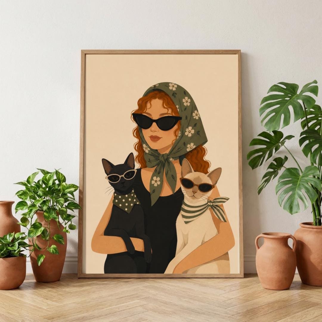 Fashion Cat Lady Wall Art Print, Chic Cat Lover Poster Decor wall art print