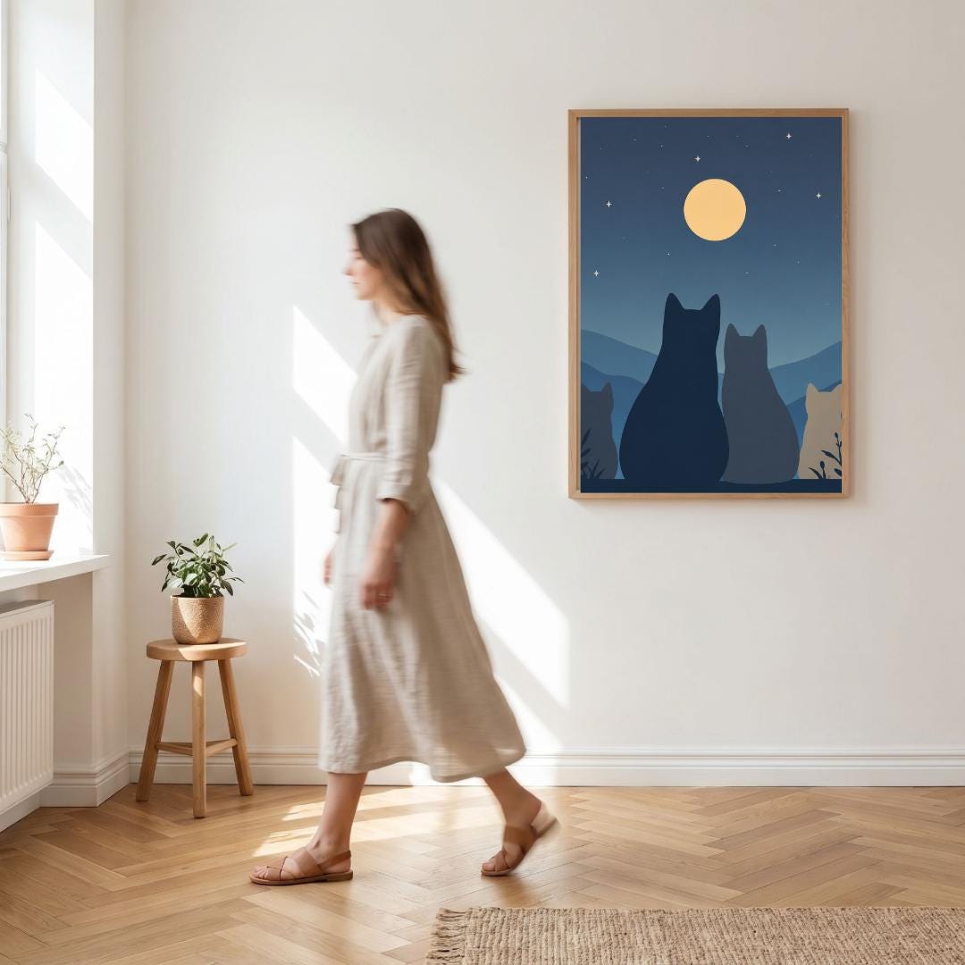 Moonlit Cat Wall Art Print, Night Sky Cat Poster, Minimalist Decor wall art print