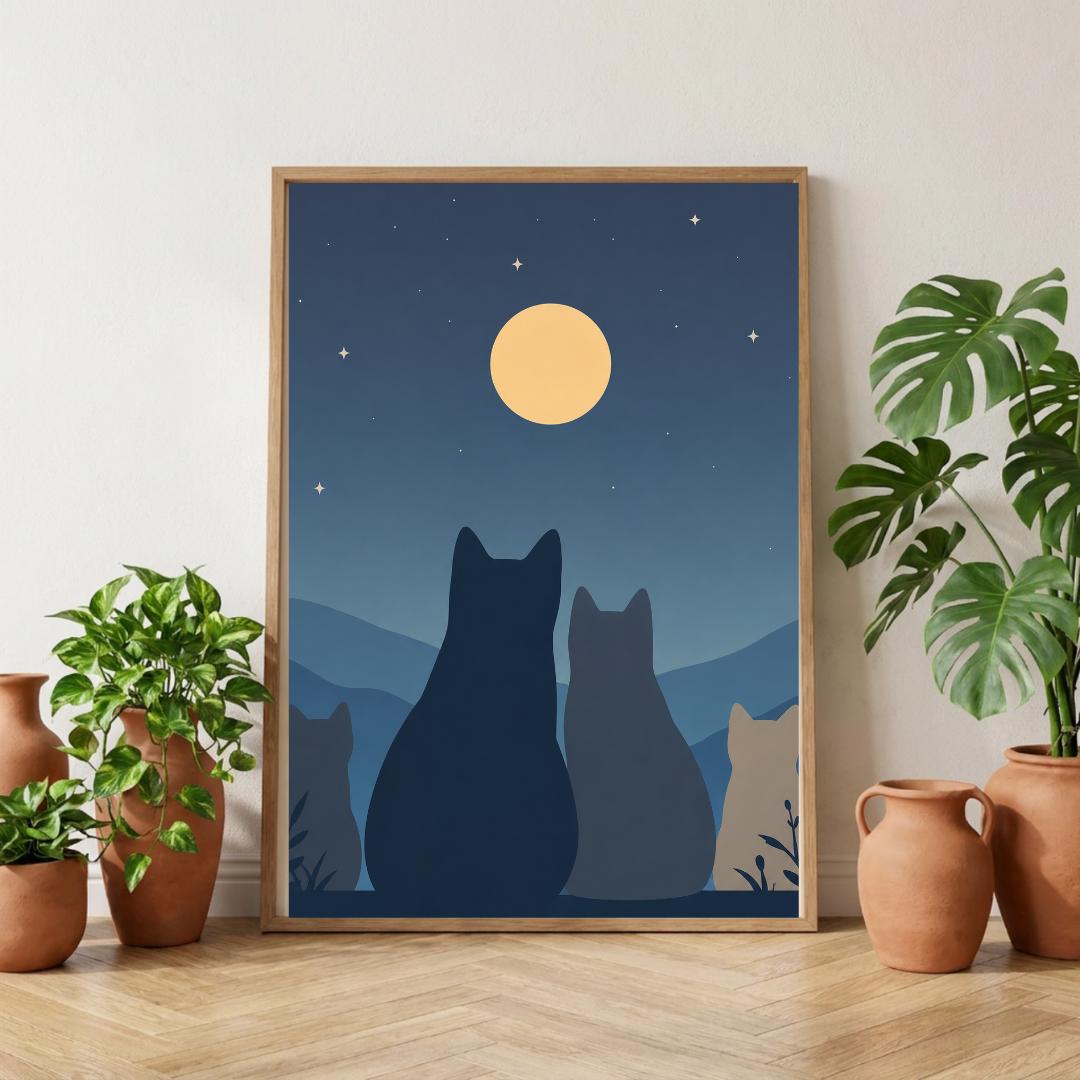 Moonlit Cat Wall Art Print, Night Sky Cat Poster, Minimalist Decor wall art print