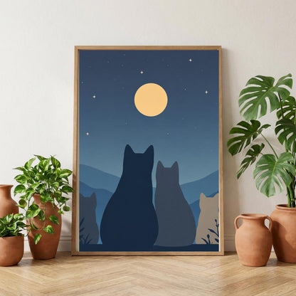 Moonlit Cat Wall Art Print, Night Sky Cat Poster, Minimalist Decor wall art print