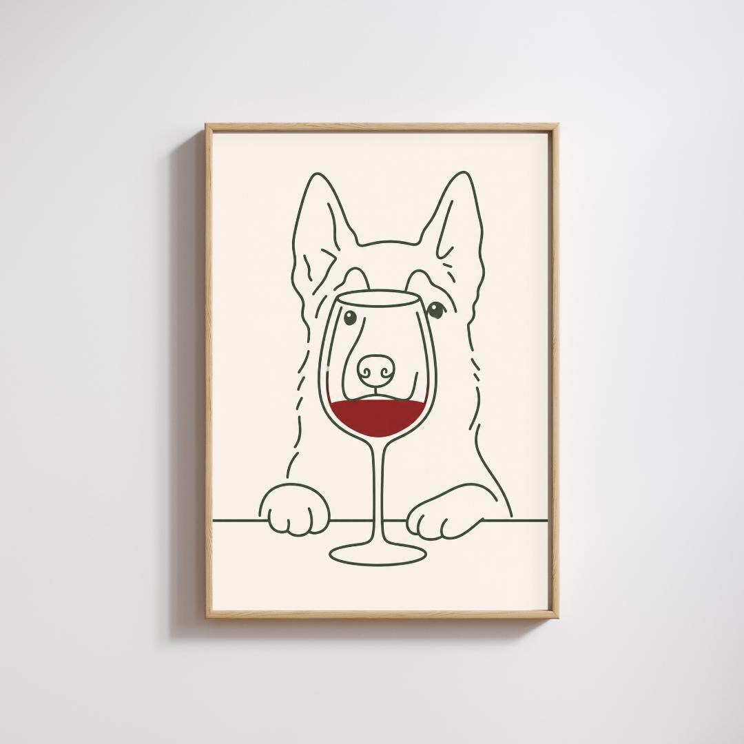 Wine Lover Dog Wall Art Print, Minimalist Dog Poster, Pet Decor wall art print