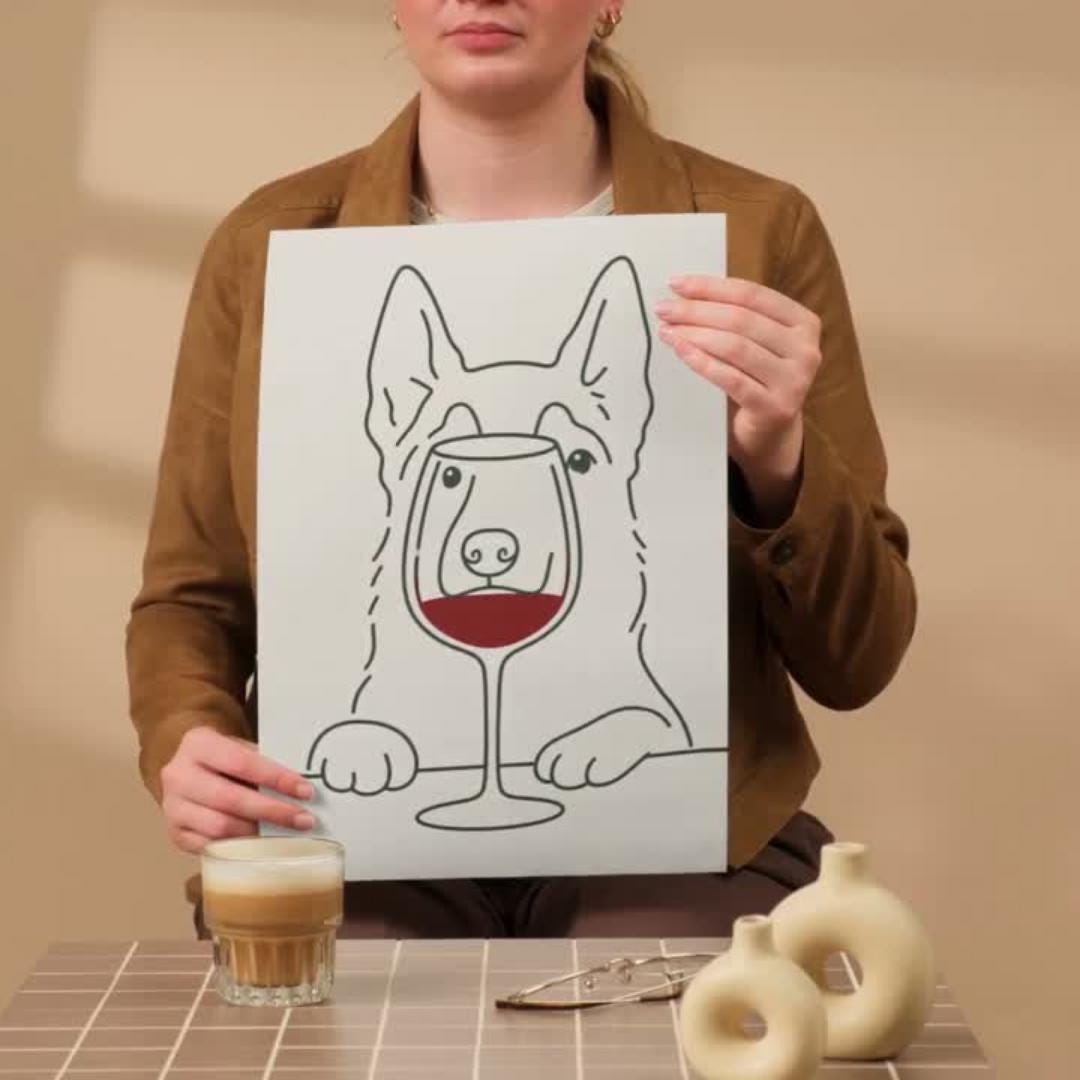 Wine Lover Dog Wall Art Print, Minimalist Dog Poster, Pet Decor wall art print