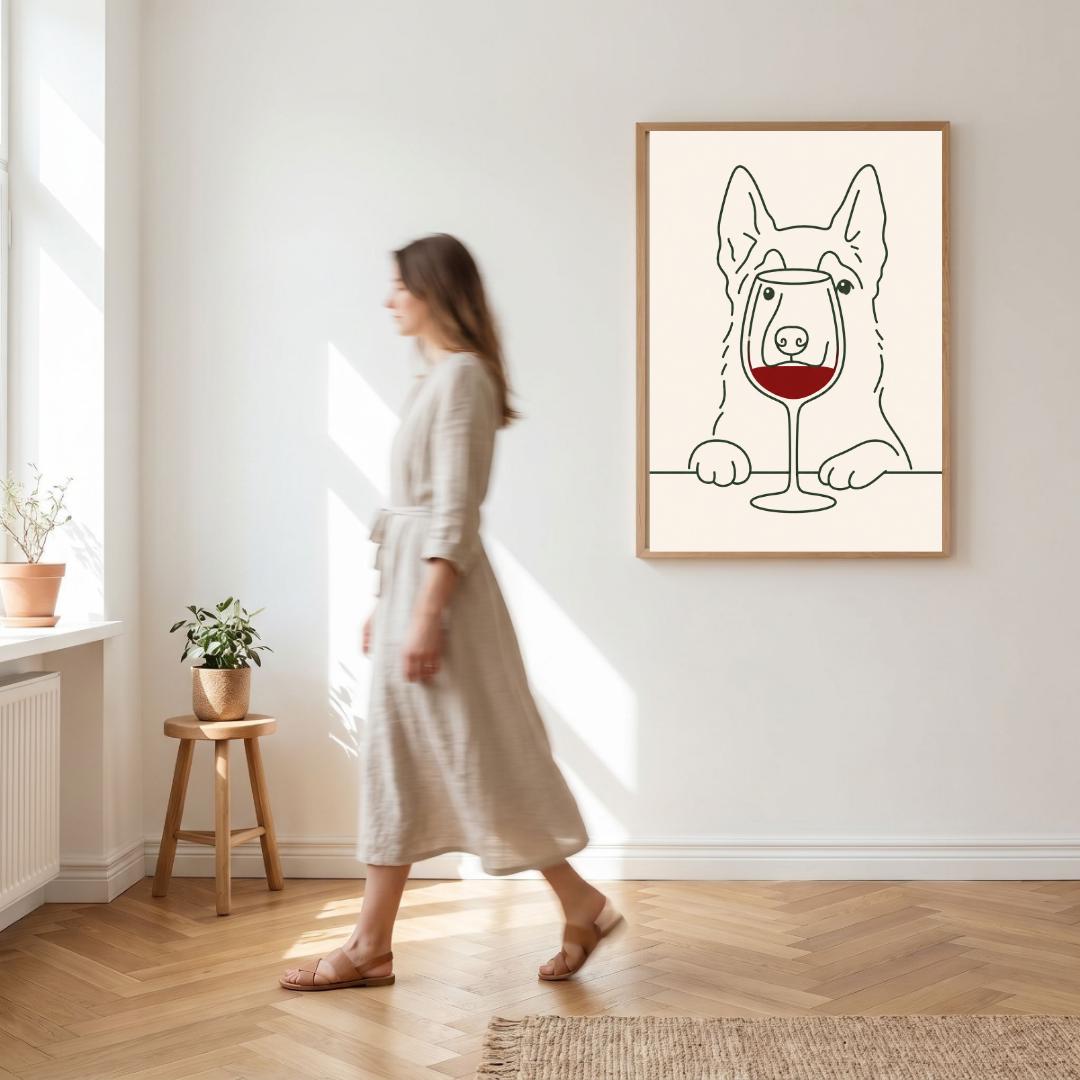 Wine Lover Dog Wall Art Print, Minimalist Dog Poster, Pet Decor wall art print