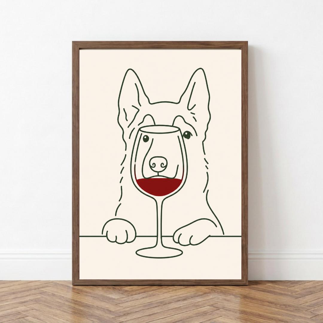 Wine Lover Dog Wall Art Print, Minimalist Dog Poster, Pet Decor wall art print