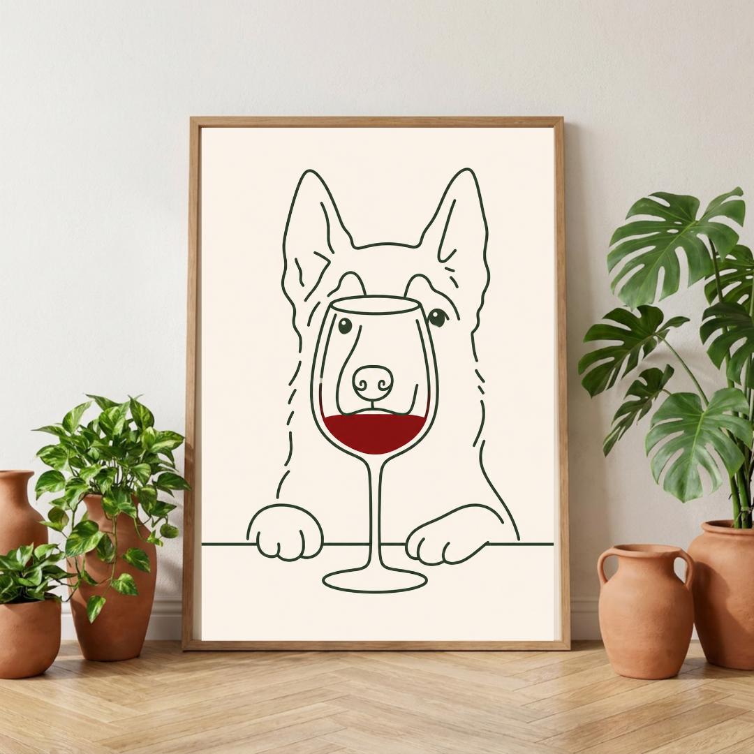 Wine Lover Dog Wall Art Print, Minimalist Dog Poster, Pet Decor wall art print