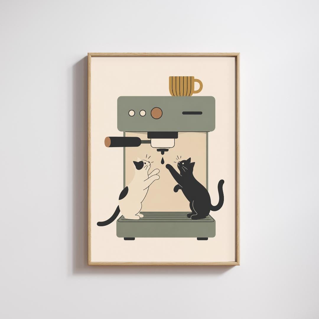 Coffee Cat Wall Art Print, Espresso Machine Cat Poster, Kitchen Decor wall art print