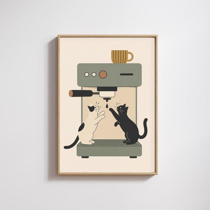 Coffee Cat Wall Art Print, Espresso Machine Cat Poster, Kitchen Decor wall art print