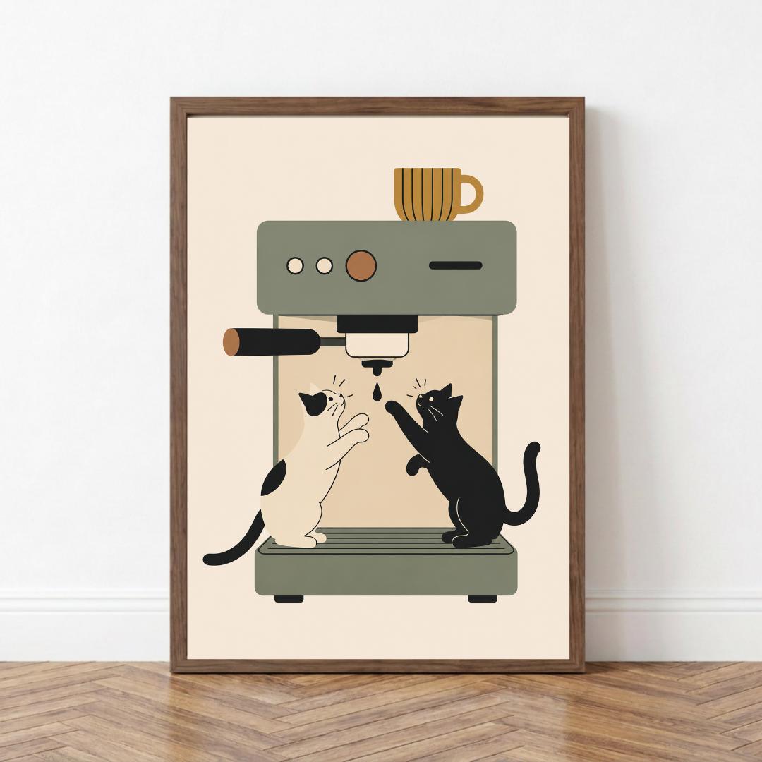 Coffee Cat Wall Art Print, Espresso Machine Cat Poster, Kitchen Decor wall art print