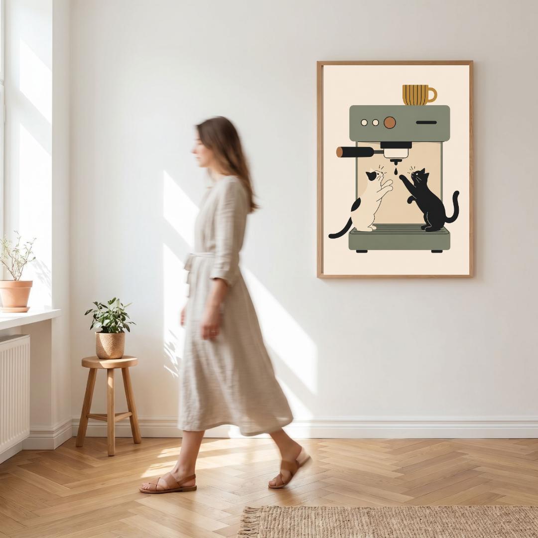 Coffee Cat Wall Art Print, Espresso Machine Cat Poster, Kitchen Decor wall art print